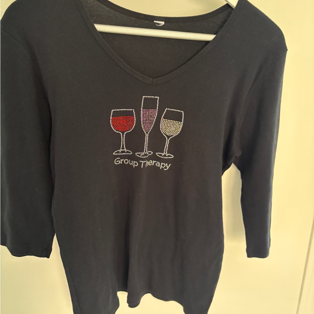 Group Therapy Rhinestone Wine Glass Tee - Black